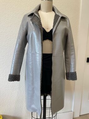 Bebe Gray Faux Leather Teddy-Trim Long Coat